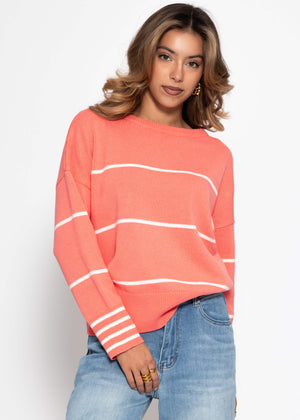 Fine knit sweater with contrasting stripes - coral