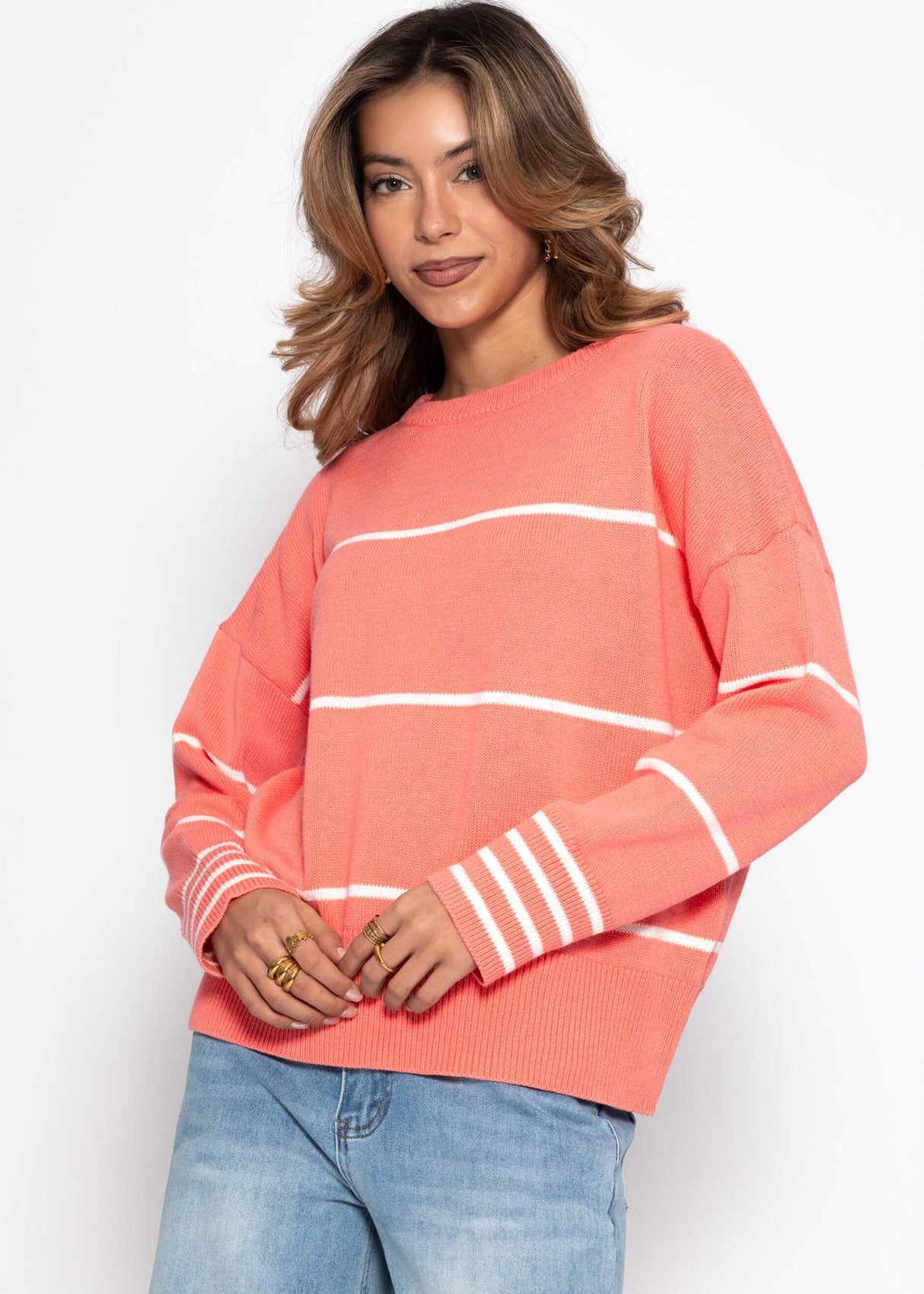 Fine knit sweater with contrasting stripes - coral