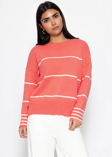 Fine knit sweater with contrasting stripes - coral