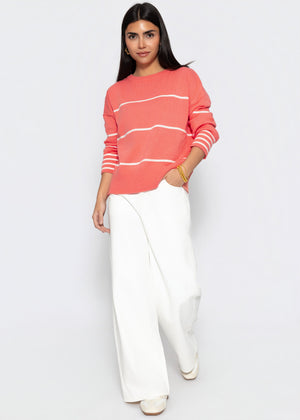Fine knit sweater with contrasting stripes - coral