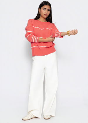 Fine knit sweater with contrasting stripes - coral