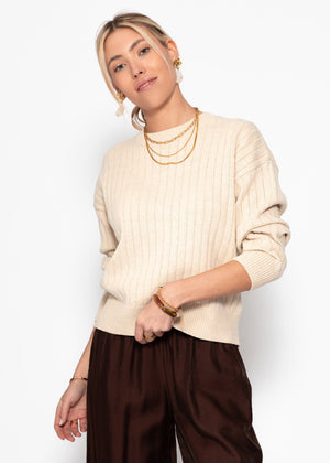 Fine knit sweater with textured stripes - beige