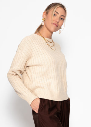 Fine knit sweater with textured stripes - beige