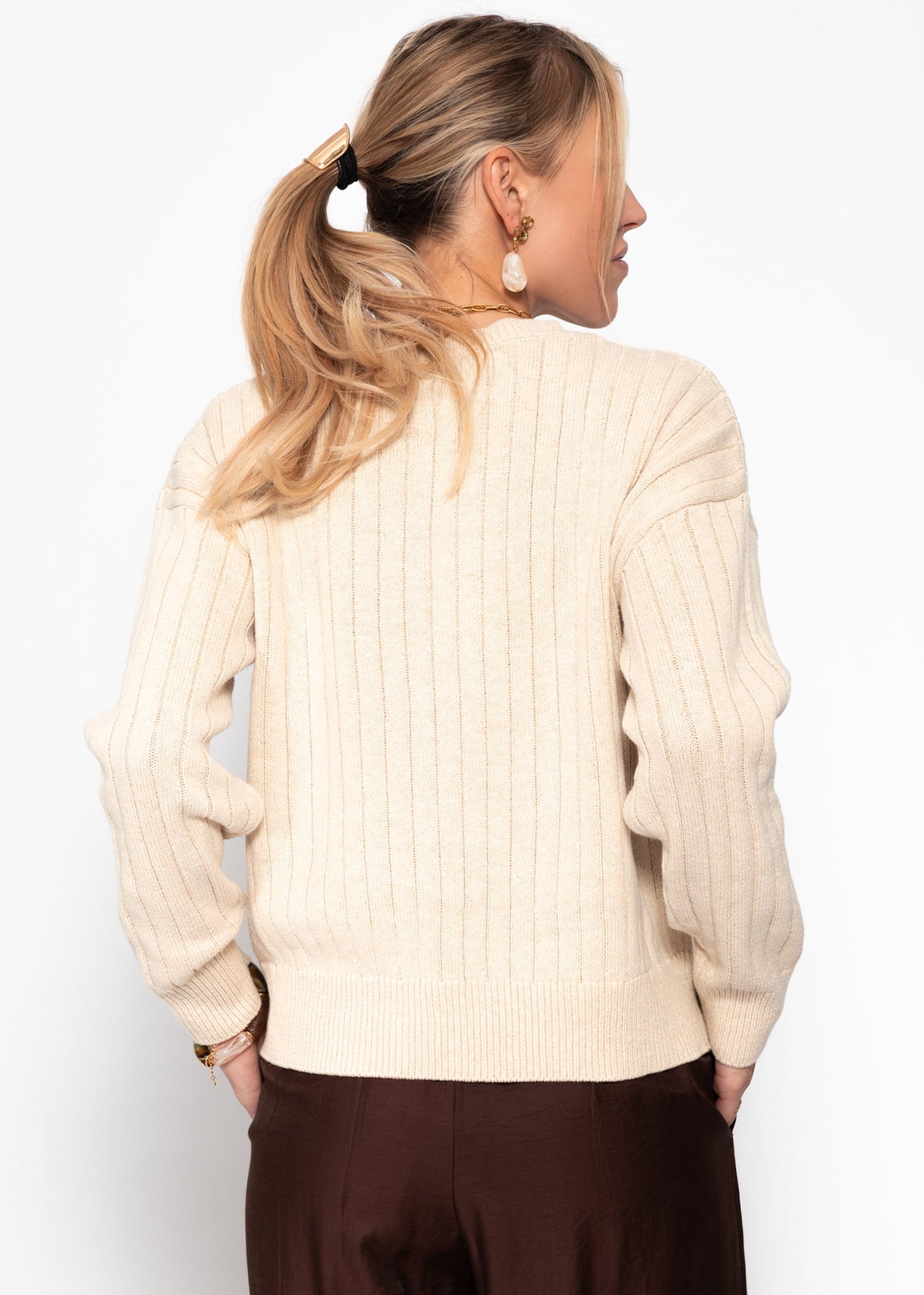 Fine knit sweater with textured stripes - beige