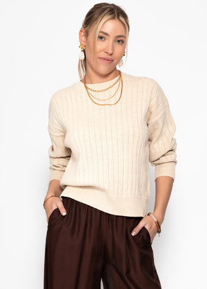 Fine knit sweater with textured stripes - beige