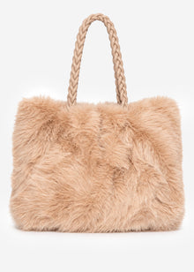Flauschige Kunstfell Tasche mit Kordelhenkel - beige