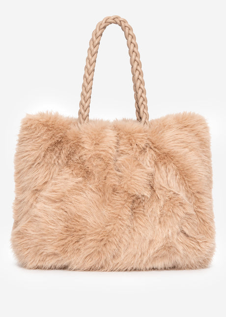 Flauschige Kunstfell Tasche mit Kordelhenkel - beige