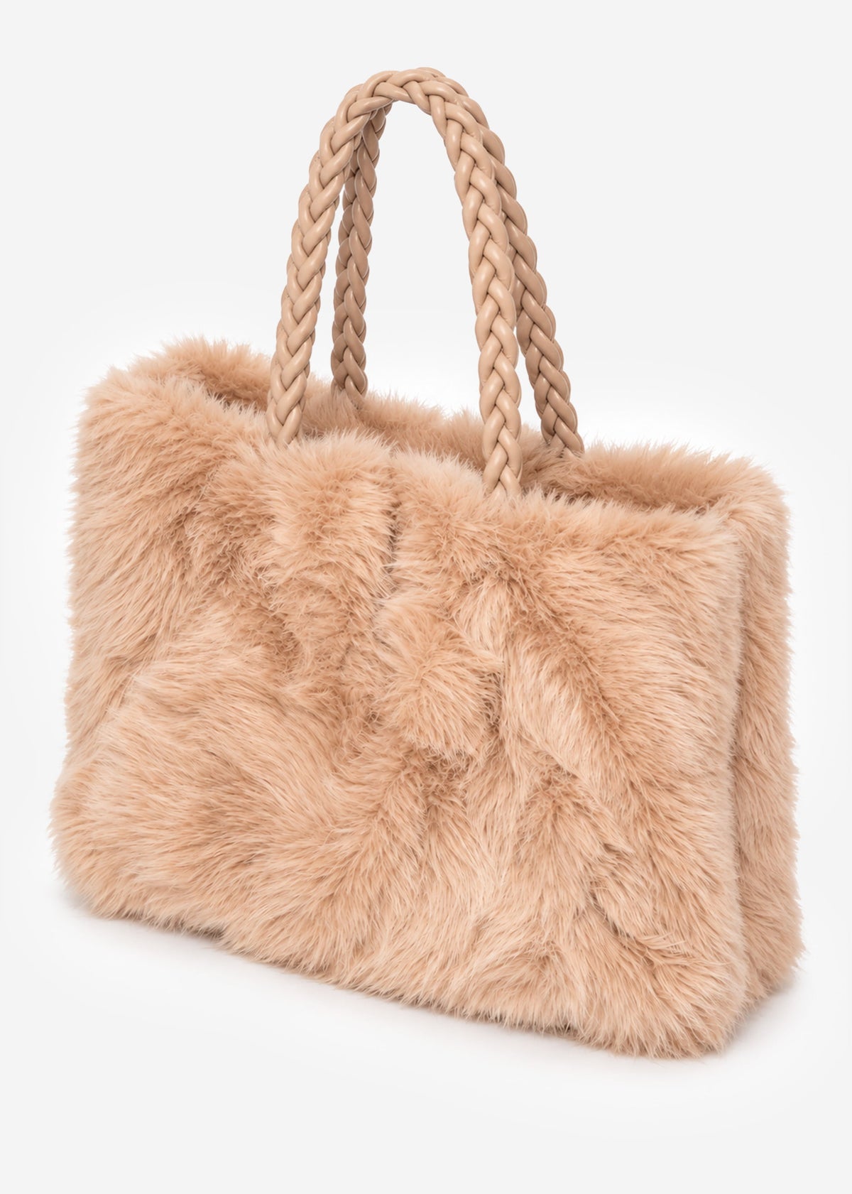 Flauschige Kunstfell Tasche mit Kordelhenkel - beige