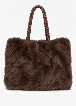 Flauschige Kunstfell Tasche mit Kordelhenkel - braun