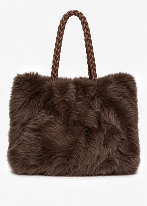 Flauschige Kunstfell Tasche mit Kordelhenkel - braun