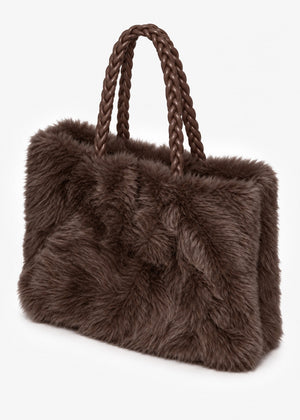 Flauschige Kunstfell Tasche mit Kordelhenkel - braun