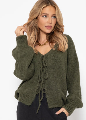 Fluffy cardigan with bow closure - khaki