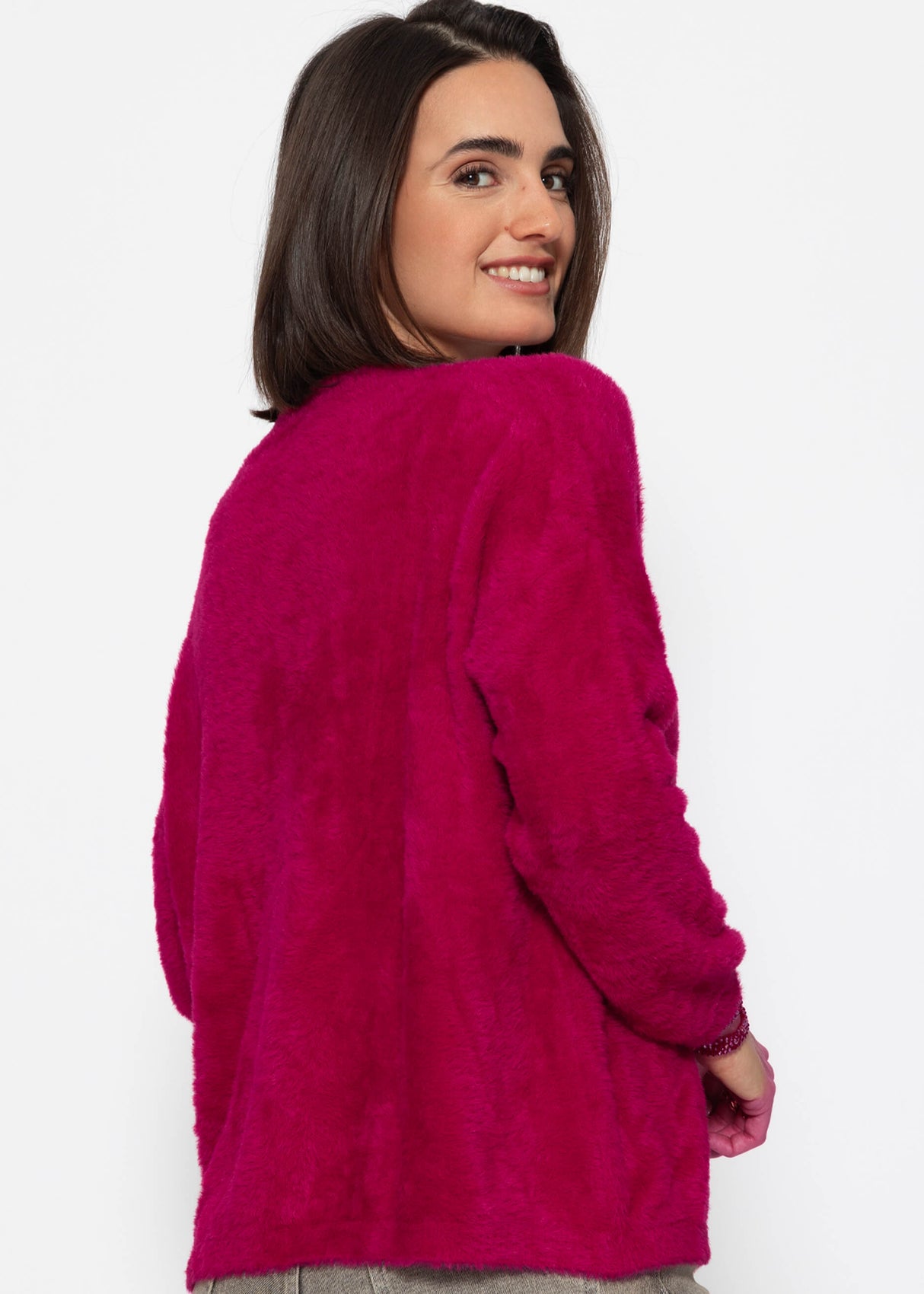 Fluffy button-up cardigan - berry