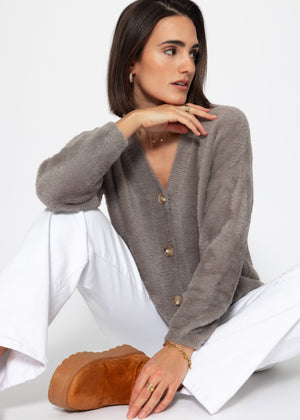 Fluffy button-up cardigan - taupe