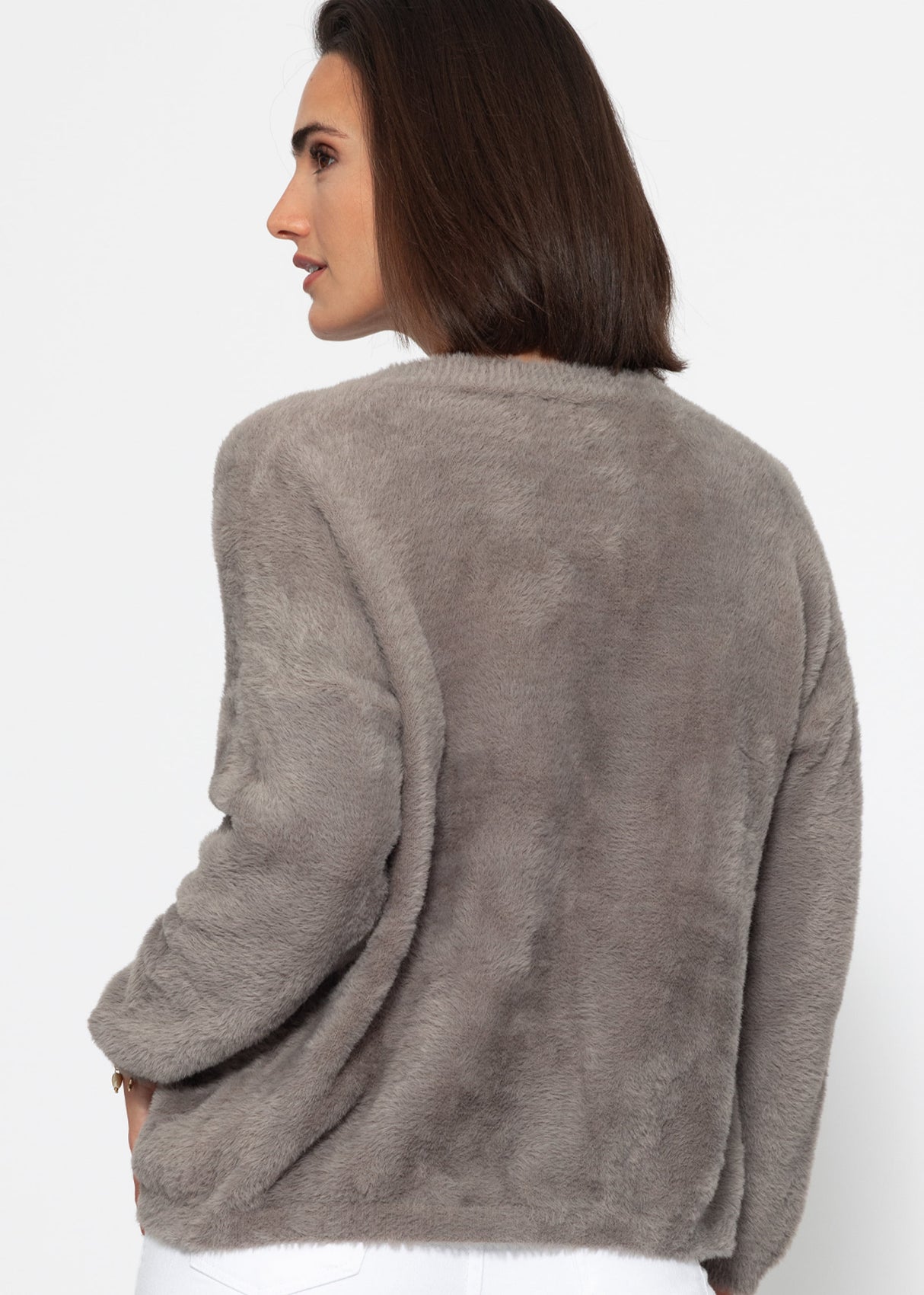 Fluffy button-up cardigan - taupe