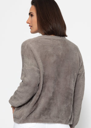 Fluffy button-up cardigan - taupe