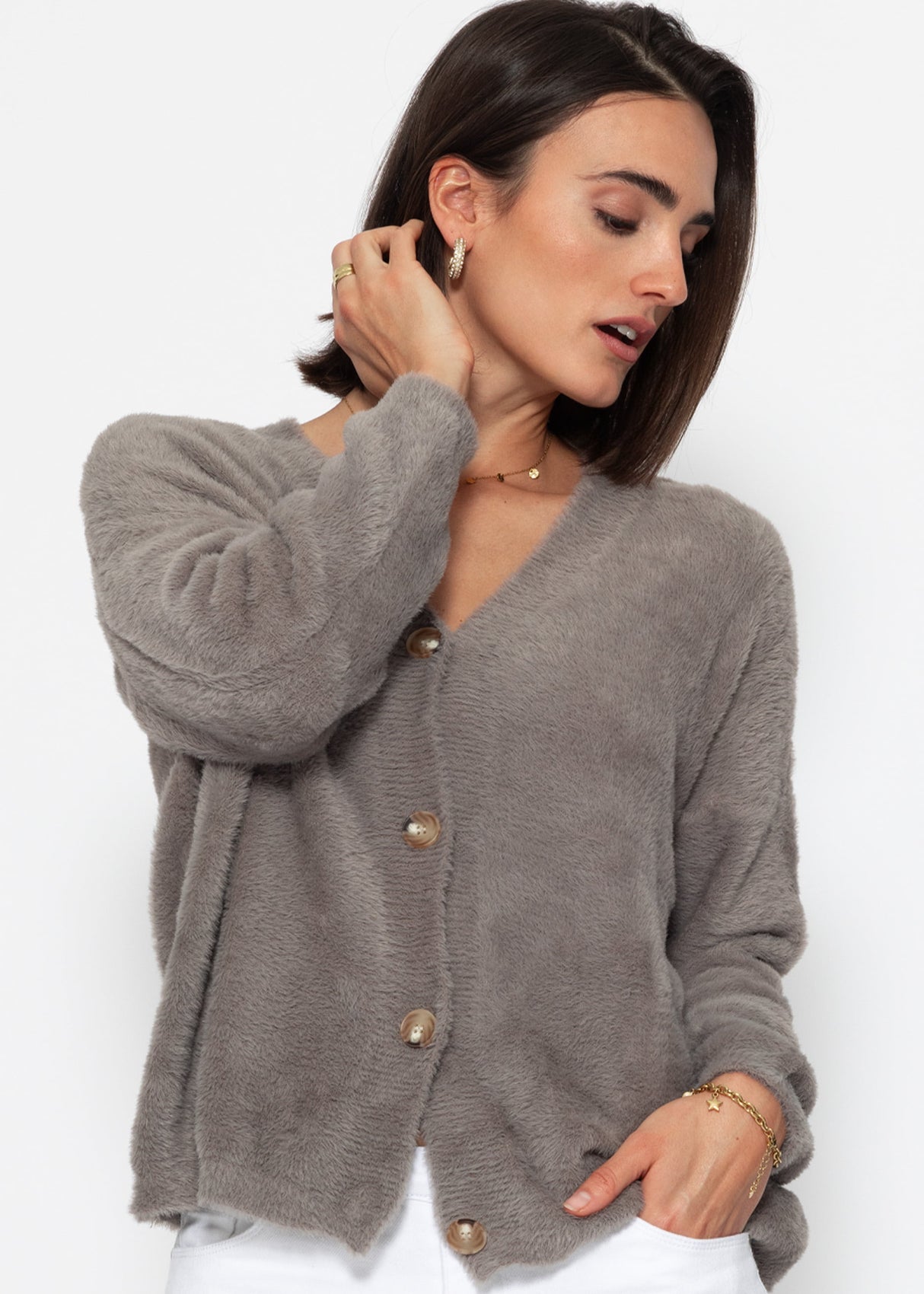 Fluffy button-up cardigan - taupe