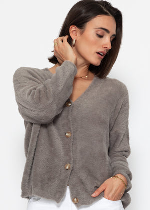 Fluffy button-up cardigan - taupe