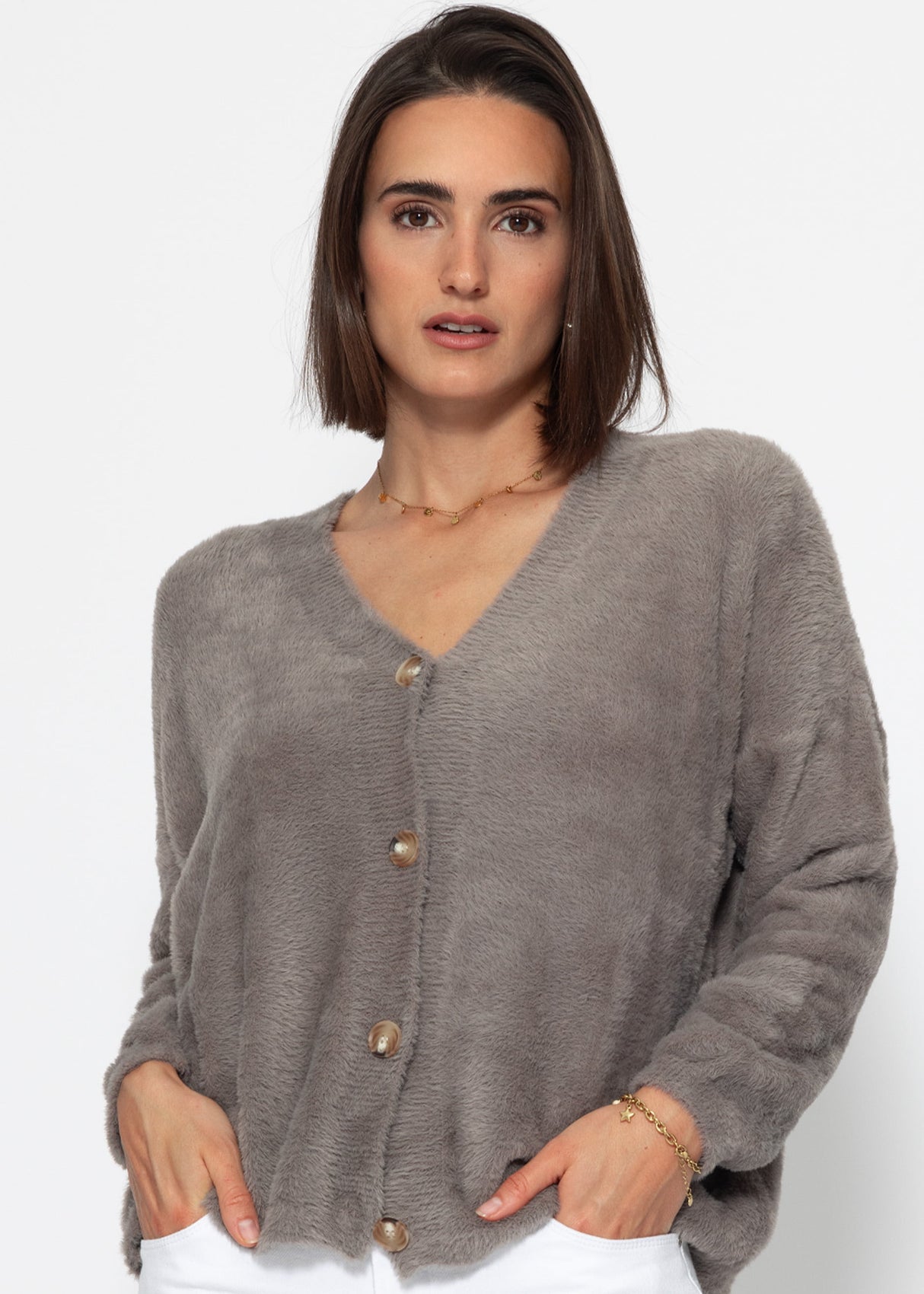 Fluffy button-up cardigan - taupe