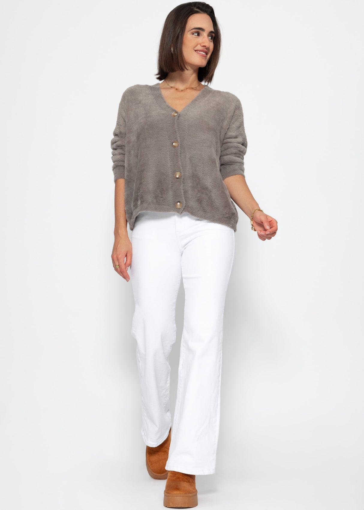 Fluffy button-up cardigan - taupe