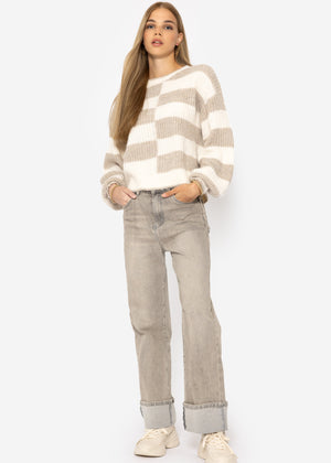 Fluffy sweater with offset block stripes - beige-off-white
