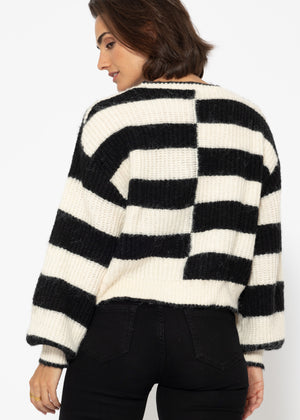 Fluffy sweater with offset block stripes - black-off-white
