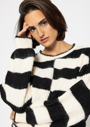 Fluffy sweater with offset block stripes - black-off-white