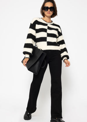 Fluffy sweater with offset block stripes - black-off-white