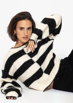 Fluffy sweater with offset block stripes - black-off-white
