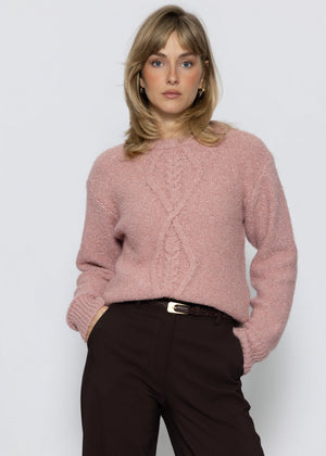 Flauschiger Strickpullover mit Zopfmuster - mauve