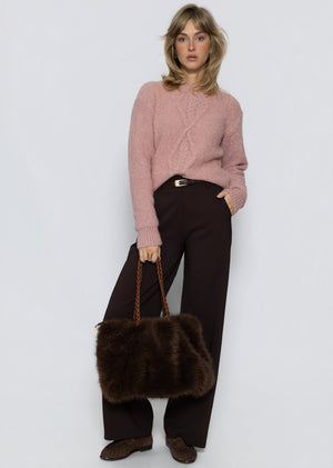 Flauschiger Strickpullover mit Zopfmuster - mauve