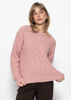 Flauschiger Strickpullover mit Zopfmuster - mauve