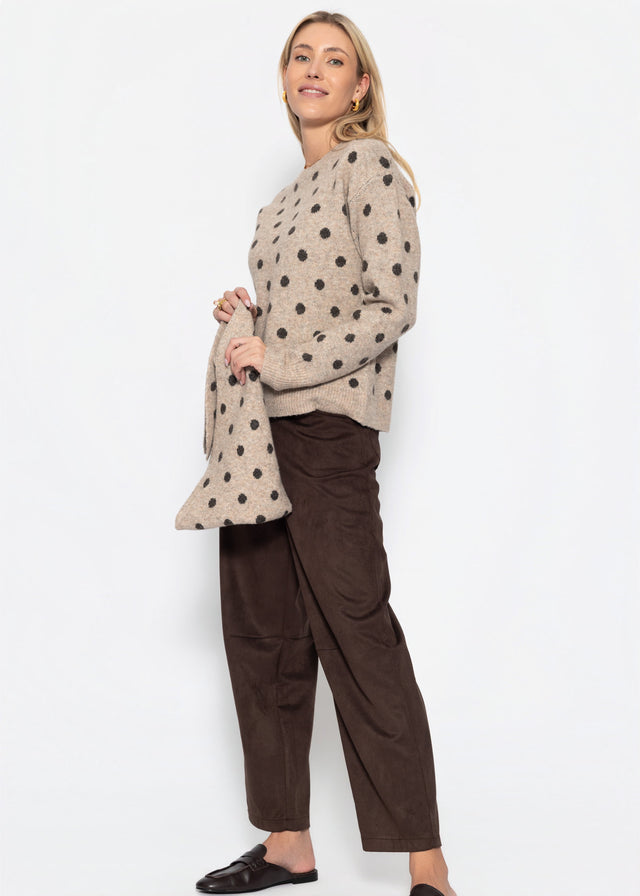 Gepunkteter Pullover mit Schal - beige