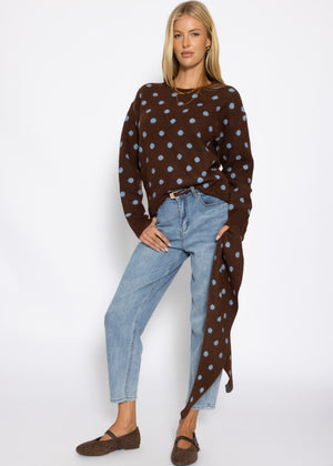 Gepunkteter Pullover mit Schal - braun