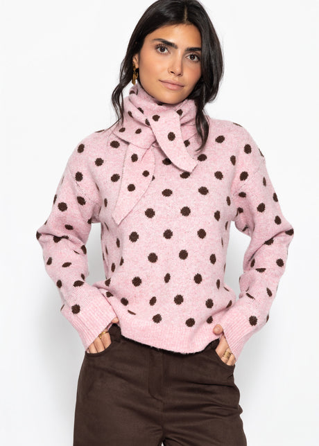 Gepunkteter Pullover mit Schal - rosa