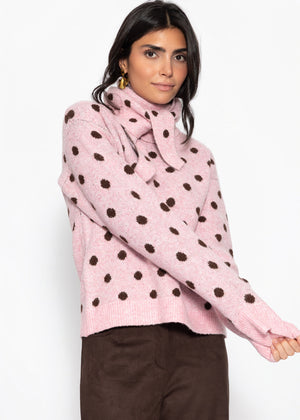 Gepunkteter Pullover mit Schal - rosa