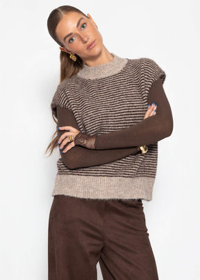 Geringelter Pullunder mit Stehkragen - braun-beige