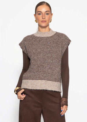 Geringelter Pullunder mit Stehkragen - braun-beige