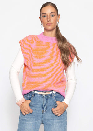 Geringelter Pullunder mit Stehkragen - orange-pink