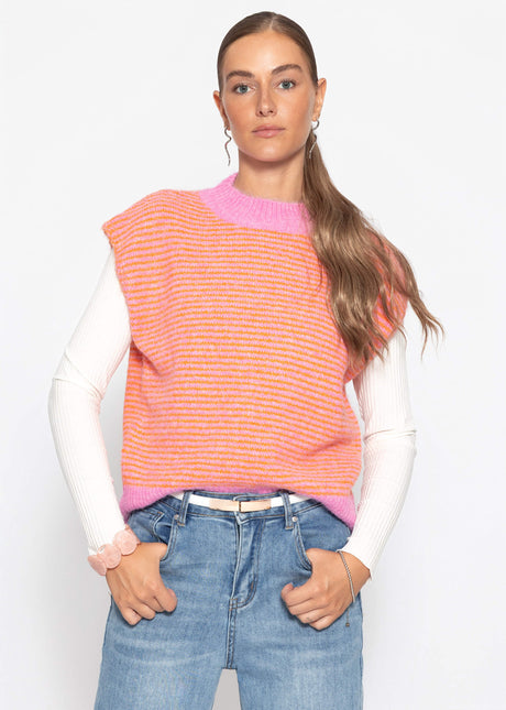 Geringelter Pullunder mit Stehkragen - orange-pink