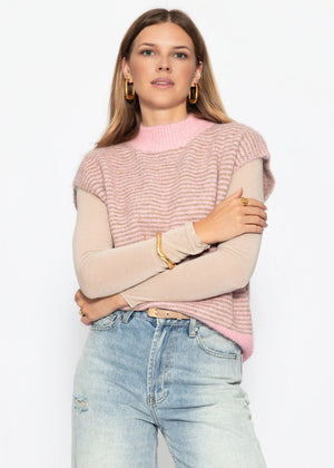 Geringelter Pullunder mit Stehkragen - rosa-taupe
