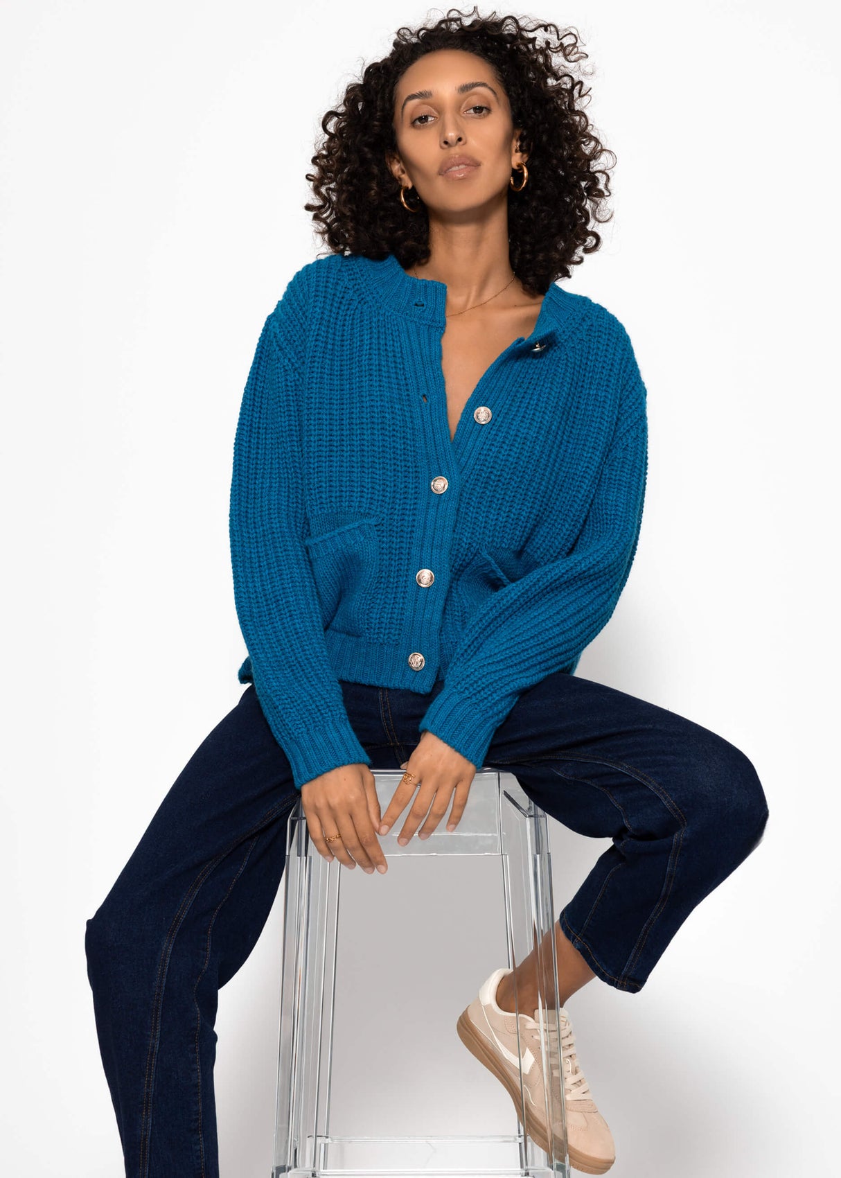 Cardigan with button placket and bags - petrol