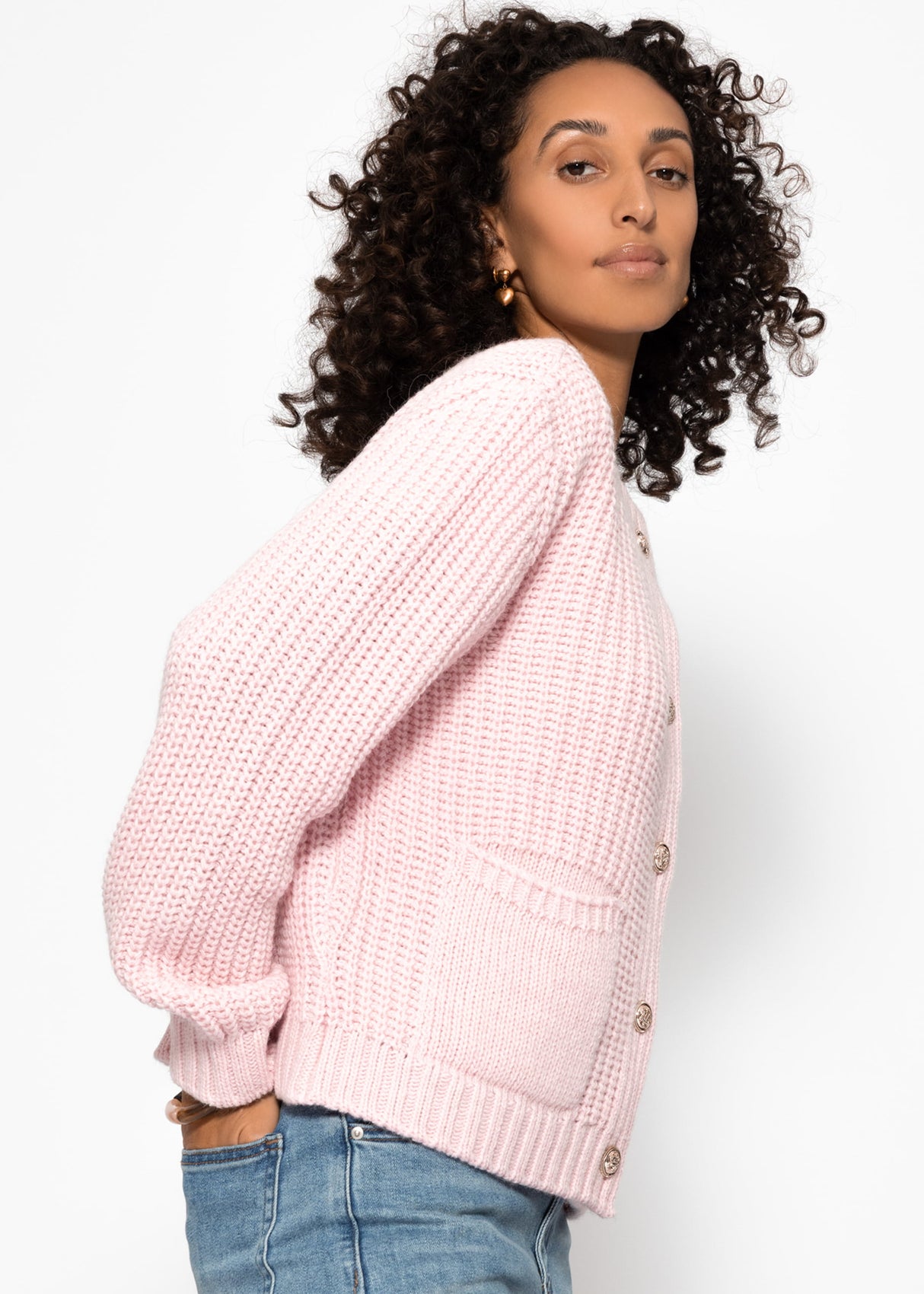 Cardigan with button placket and bags - taupe
