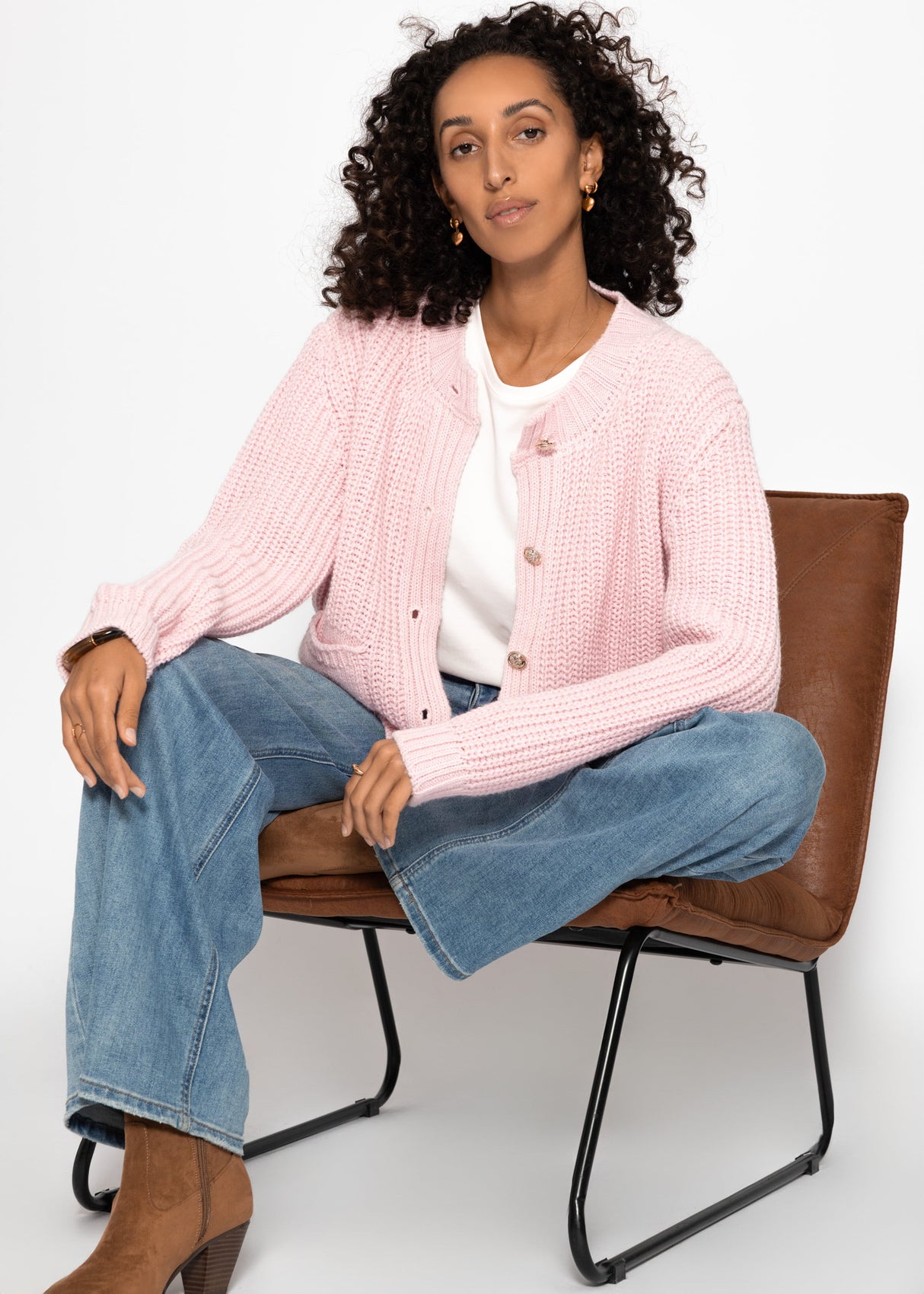 Cardigan with button placket and bags - taupe
