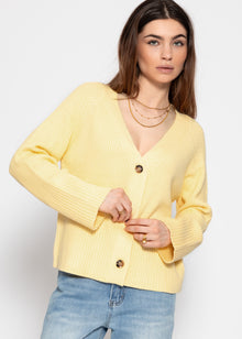 Ribbed cardigan with V-neck - butter yellow