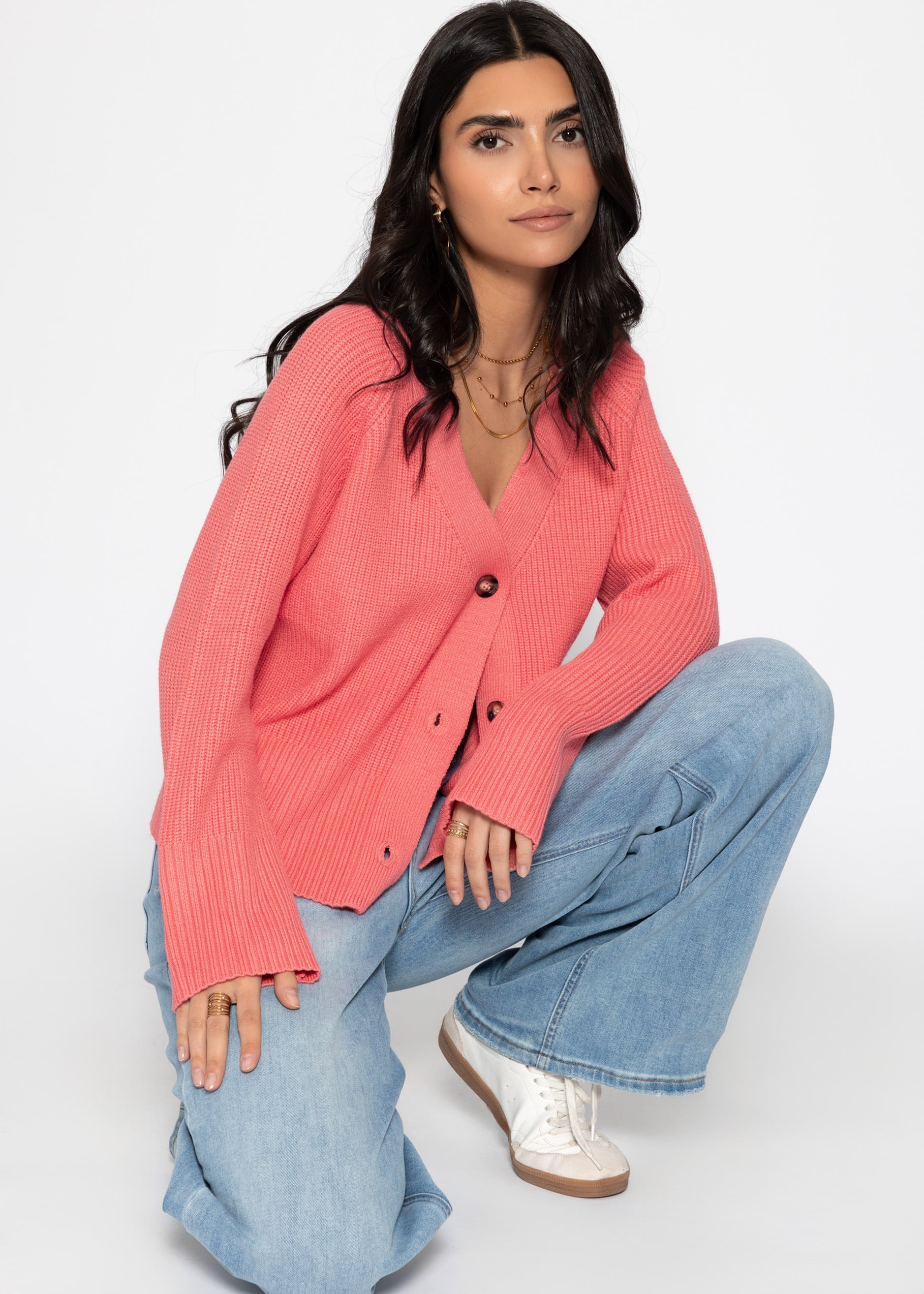 Ribbed cardigan with V-neck - coral – SASSYCLASSY