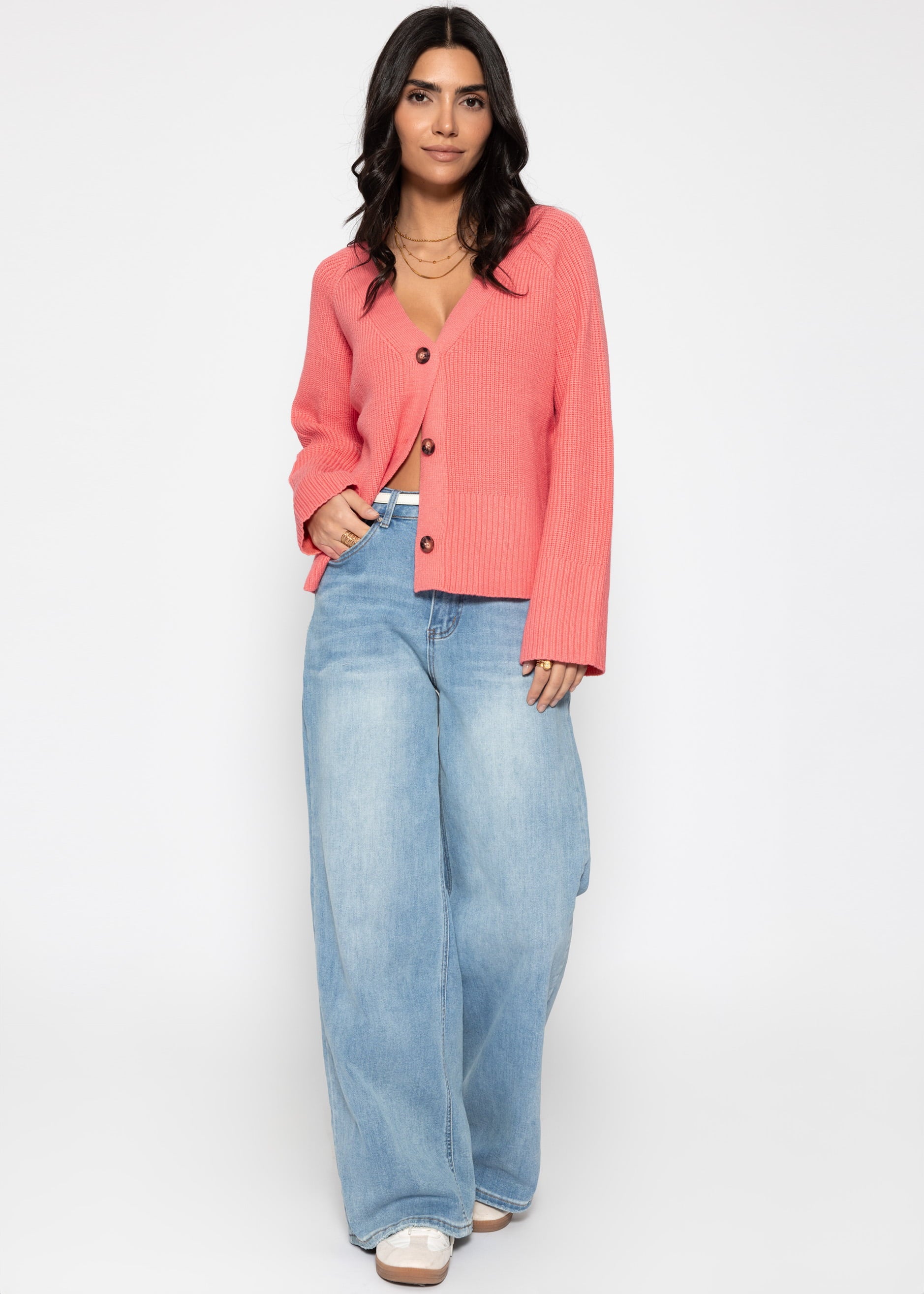 Ribbed cardigan with V-neck - coral – SASSYCLASSY