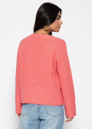 Gerippter Cardigan mit V-Ausschnitt - koralle