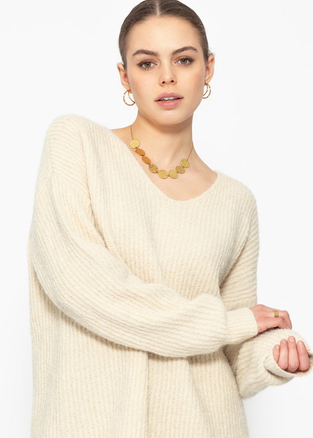 Gerippter Pullover mit V-Ausschnitt - beige