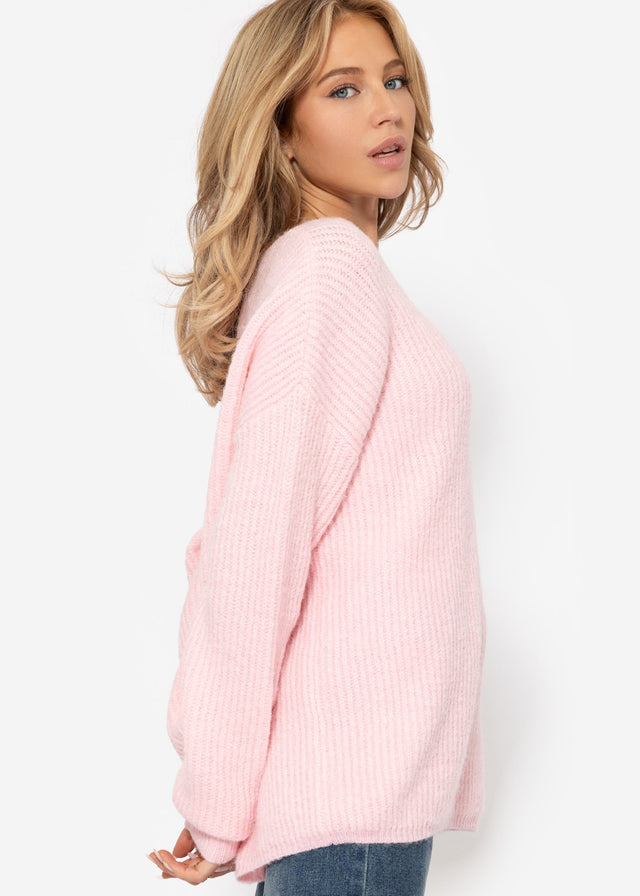 Gerippter Pullover mit V-Ausschnitt - rosa